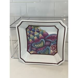 BAUM Full Bloom Floral Porcelain Square Dish Bowl 7.25” Sq Floral Butterfly